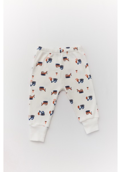 Unisex Bebek Organik Iş Makinesi Desenli Beyaz Fitilli Zıbın Takım modelleri