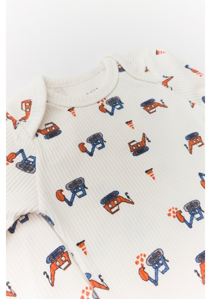 Unisex Bebek Organik Iş Makinesi Desenli Beyaz Fitilli Zıbın Takım indirimleri