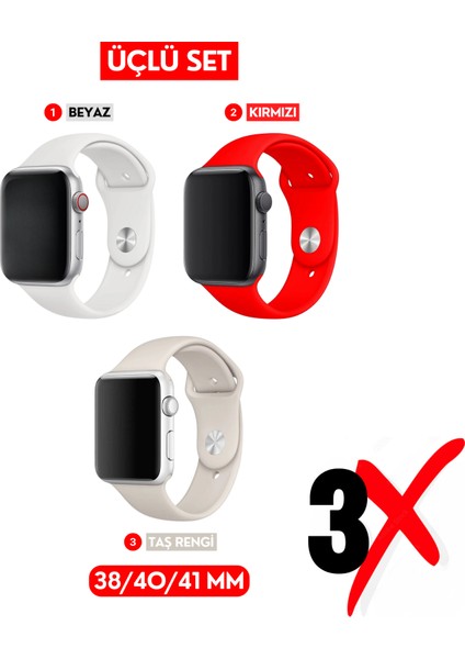 Üçlü Set | Apple Watch 3 4 5 6 7 8 9 Se 38-40-41 mm ve Series 10 (42 Mm) Uyumlu Silikon Kordon Seti