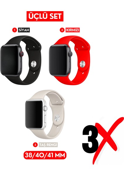 Üçlü Set | Apple Watch 3 4 5 6 7 8 9 Se 38-40-41 mm ve Series 10 (42 Mm) Uyumlu Silikon Kordon Seti
