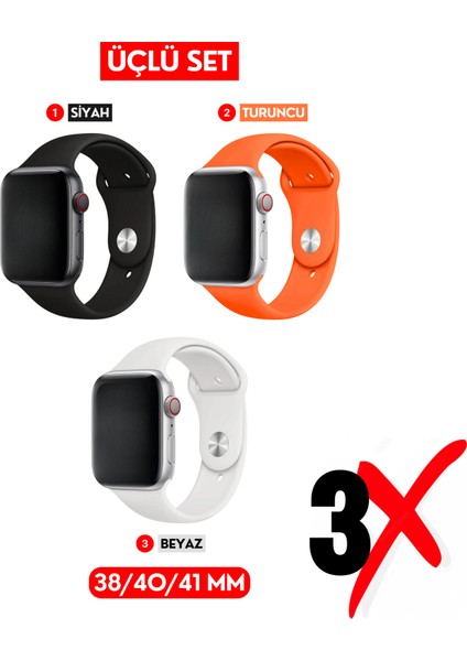 Üçlü Set | Apple Watch 3 4 5 6 7 8 9 Se 38-40-41 mm ve Series 10 (42 Mm) Uyumlu Silikon Kordon Seti