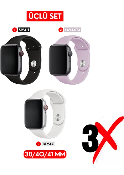 Üçlü Set | Apple Watch 3 4 5 6 7 8 9 Se 38-40-41 mm ve Series 10 (42 Mm) Uyumlu Silikon Kordon Seti