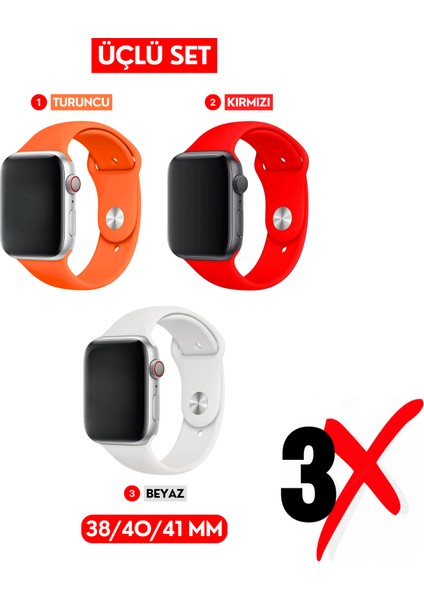 Üçlü Set | Apple Watch 3 4 5 6 7 8 9 Se 38-40-41 mm ve Series 10 (42 Mm) Uyumlu Silikon Kordon Seti