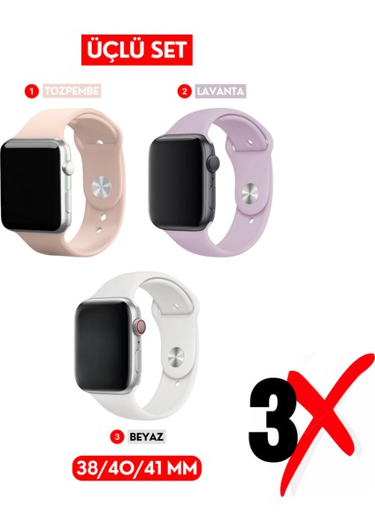 Üçlü Set | Apple Watch 3 4 5 6 7 8 9 Se 38-40-41 mm ve Series 10 (42 Mm) Uyumlu Silikon Kordon Seti