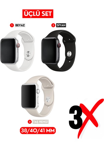 Üçlü Set | Apple Watch 3 4 5 6 7 8 9 Se 38-40-41 mm ve Series 10 (42 Mm) Uyumlu Silikon Kordon Seti