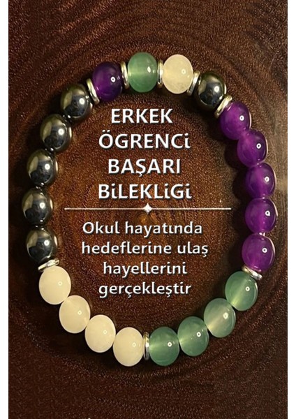 Sertifikalı Doğal Taş Erkek Öğrenci Başarı Bilekliği 8 mm ( Hematit - Ametist - Aventurin - Ay Taşı )