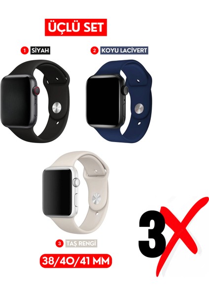 Üçlü Set | Apple Watch 3 4 5 6 7 8 9 Se 38-40-41 mm ve Series 10 (42 Mm) Uyumlu Silikon Kordon Seti