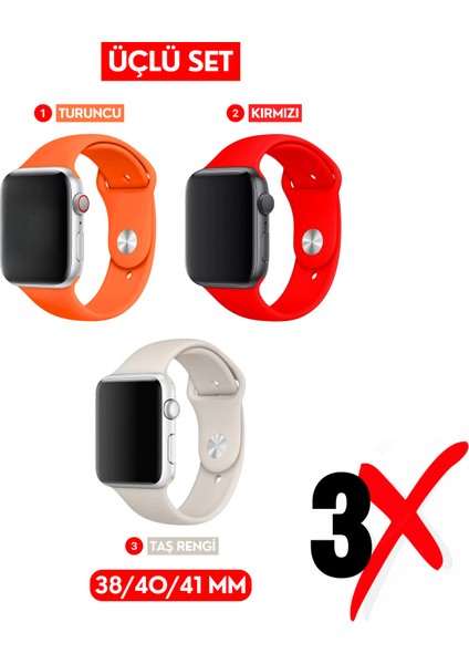 Üçlü Set | Apple Watch 3 4 5 6 7 8 9 Se 38-40-41 mm ve Series 10 (42 Mm) Uyumlu Silikon Kordon Seti