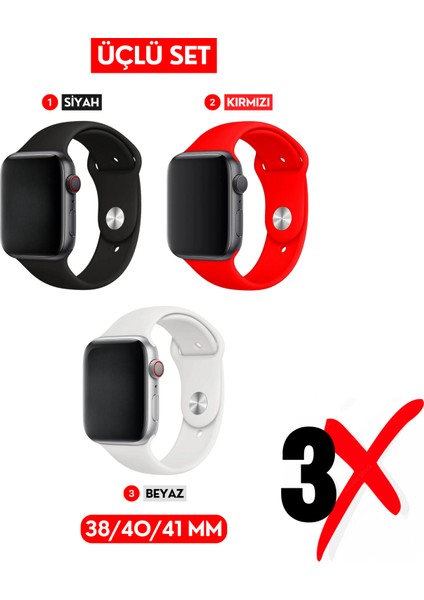 Üçlü Set | Apple Watch 3 4 5 6 7 8 9 Se 38-40-41 mm ve Series 10 (42 Mm) Uyumlu Silikon Kordon Seti