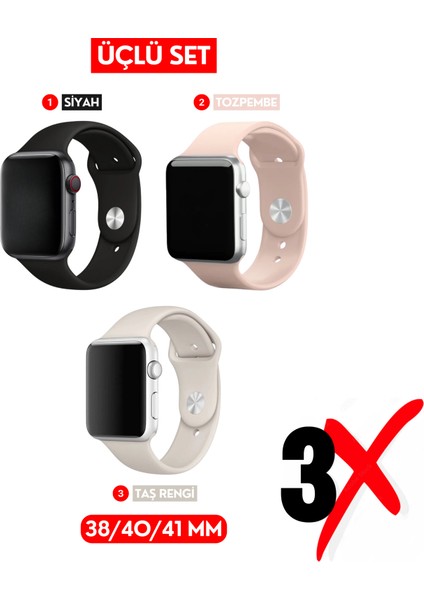 Üçlü Set | Apple Watch 3 4 5 6 7 8 9 Se 38-40-41 mm ve Series 10 (42 Mm) Uyumlu Silikon Kordon Seti