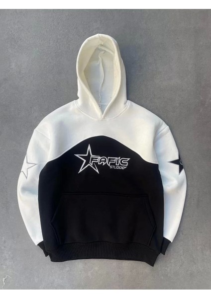 Parçalı Nakış Işlemelı Kapşonlu Sweatshirt - Beyaz