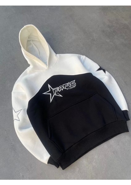 Parçalı Nakış Işlemelı Kapşonlu Sweatshirt - Beyaz