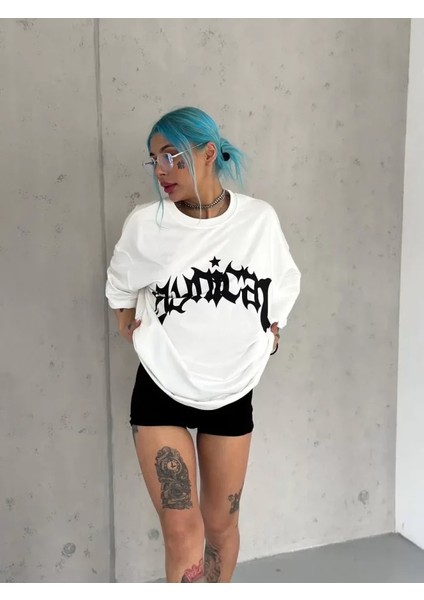 Unisex Bisiklet Yaka Baskılı Oversize T-Shirt - Beyaz