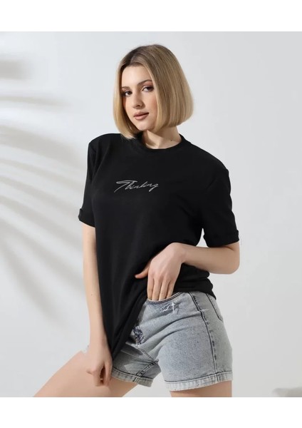 Unisex Bisiklet Yaka Baskılı Slim Fit T-Shirt - Siyah