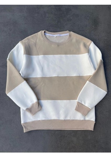 Parçalı Bisiklet Yaka Baskılı Sweatshirt - Bej