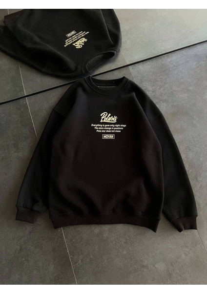 Kışlık Bisiklet Yaka Ön ve Arka Baskılı Sweatshirt - Siyah