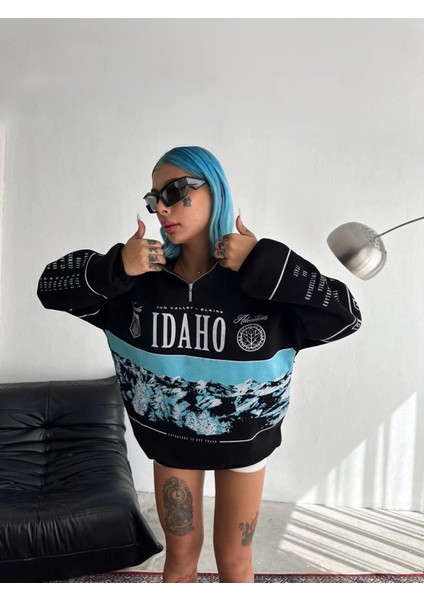 Yarım Fermuarlı Oversize Baskılı Sweatshirt - Siyah