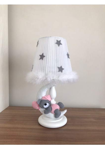 Bebek Çocuk Odası Abajur Ay Ayıcık Beyaz Açık Pembe Balon Gri Yıldız