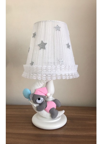 Bebek Çocuk Odası Abajur Ay Ayıcık Gri Pembe Mavi Balonlu
