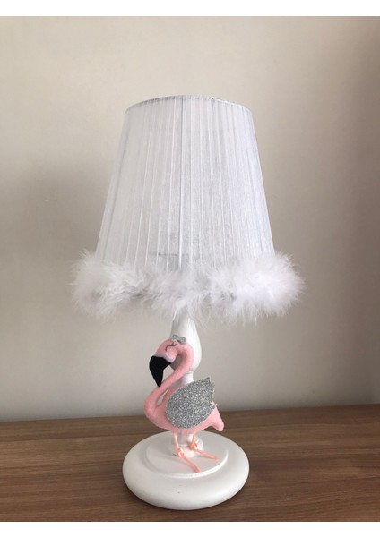 Bebek Çocuk Odası Abajur Beyaz Tüy Somon Renk Filamingo