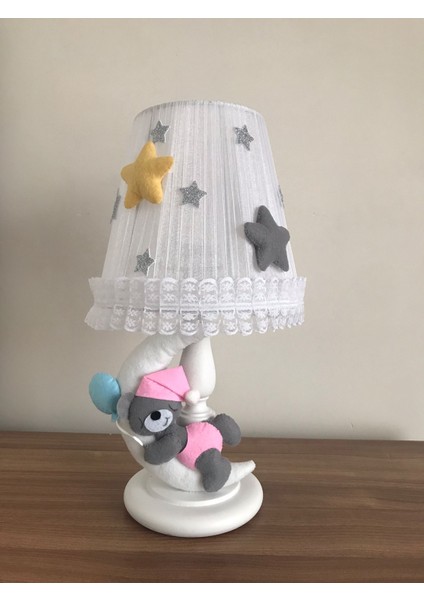 Bebek Çocuk Odası Abajur Ay Ayıcık Pembe Sarı Gri Yıldızlı