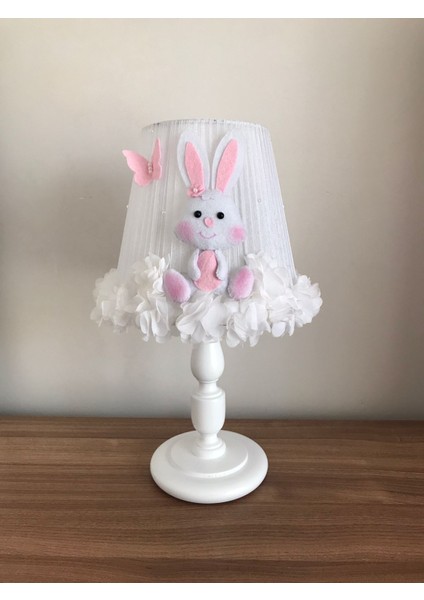 Bebek Çocuk Odası Abajur Tavşan Beyaz Çiçek Açık Pembe