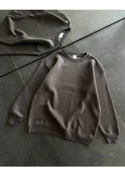 Kışlık Bisiklet Yaka Üç Iplik Basic Sweatshirt - Füme