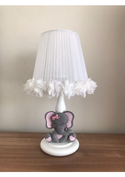 Bebek Çocuk Odası Abajur Gri Fil Açık Pembe Beyaz Çiçekli
