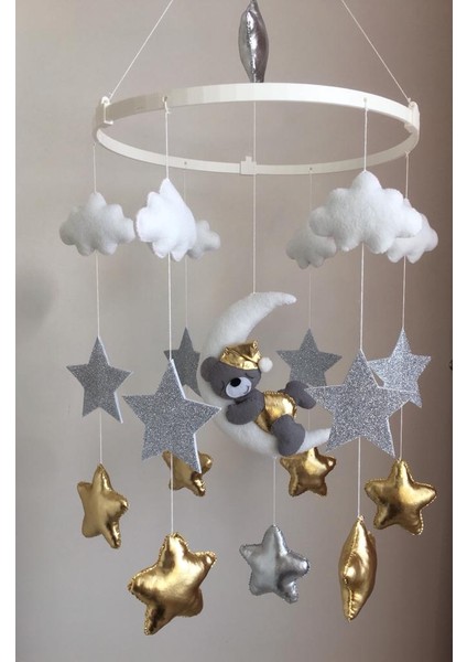 Kurmali Müzik Kutulu Bebek Dönencesi Ay Ayıcık Gri Parlak Sarı Yıldızlı