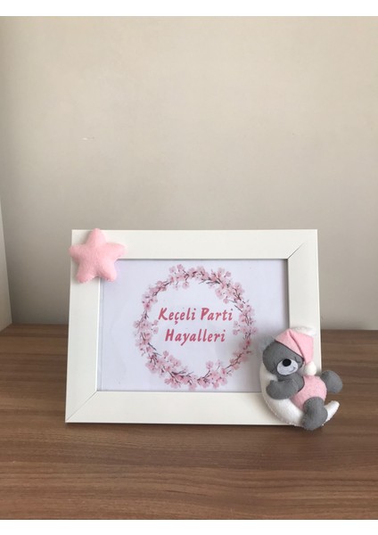 Bebek Çocuk Odası Çerçeve Ay Ayıcık Pembe Yıldızlı