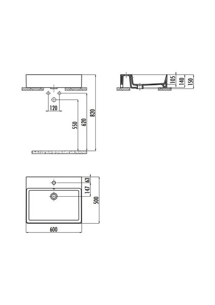 VX260 Volga Tezgah Üstü Kare Lavabo 60 cm