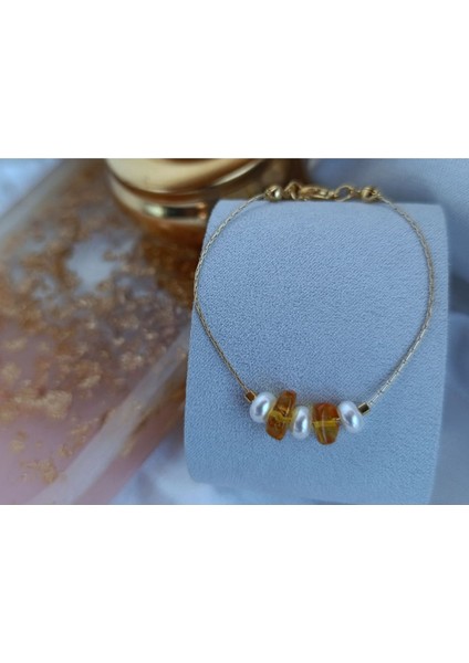 Altın Kaplama Gerçek Kehribar Mini Gold Detaylı Tasarım Bileklik Kahve S