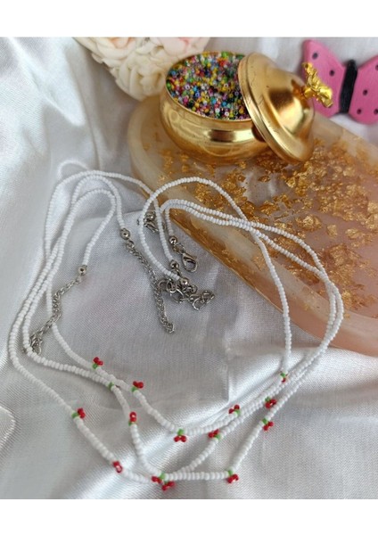 Kiraz Kolye Kum Boncuk Tasarım Zarif Toptann Perakende Beyaz 100 Adet S