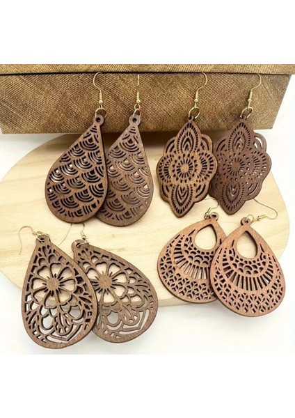 Vintage Oymalı Çiçek Desenli Retro Tarzı Ahşap Küpe / Model:3 modelleri