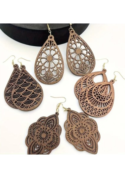 Vintage Oymalı Çiçek Desenli Retro Tarzı Ahşap Küpe / Model:2 fırsatları