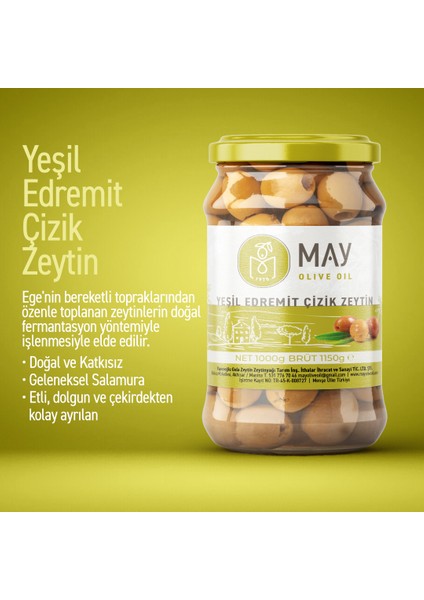 Yeşil Edremit Çizik Zeytin – 1 KG | MAY Olive Oil | Taze, Katkısız, Ege’nin Seçkin Lezzeti