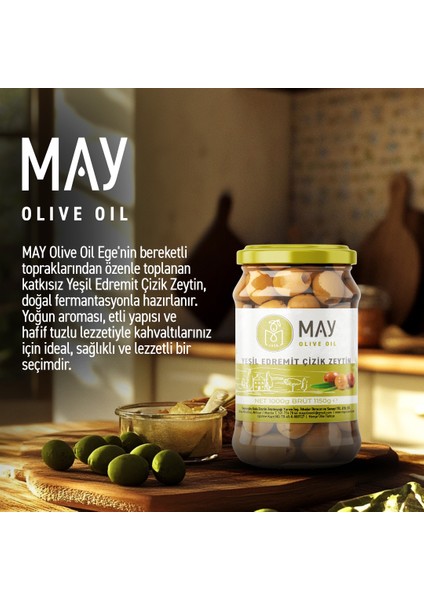 Yeşil Edremit Çizik Zeytin – 1 KG | MAY Olive Oil | Taze, Katkısız, Ege’nin Seçkin Lezzeti