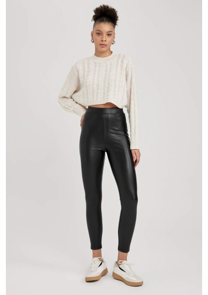 Coool Skinny Fit Basic Düz Normal Bel Suni Deri Tayt V0968AZ23AU