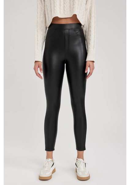 Coool Skinny Fit Basic Düz Normal Bel Suni Deri Tayt V0968AZ23AU modelleri