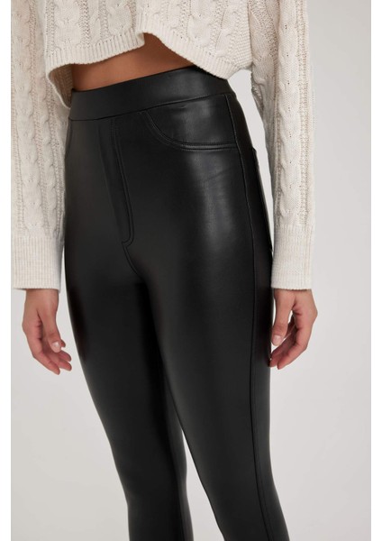 Coool Skinny Fit Basic Düz Normal Bel Suni Deri Tayt V0968AZ23AU fırsatları