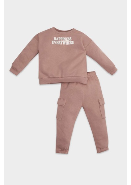 Kız Bebek 2'li Takım Baskılı Bisiklet Yaka Sweatshirt Esnek Belli Eşofman Altı D5164A524WN