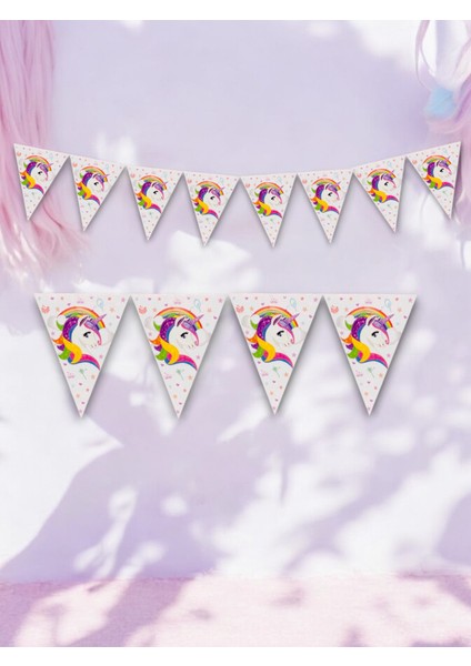 Unicorn Temalı 3 Metre Uzunluğunda Flama - Renkli ve Şık Doğum Günü ve Parti Süslemesi