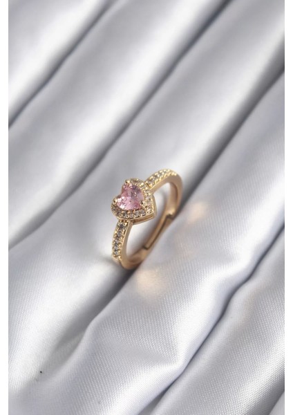 Populermarketim - Pirinç Gold Renk Pembe Zirkon Taş Kalp Charm Model Kadın Yüzük