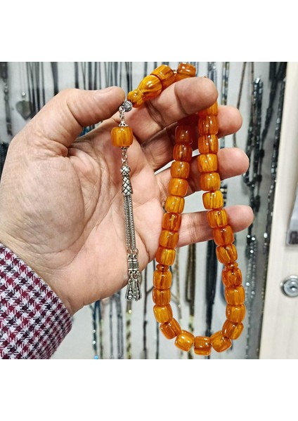 Eskitme Tarz Sarı Sıkma Kehribar Tesbih 12 x 11 mm modelleri