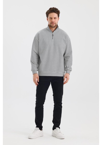 Çizgili Dik Yaka Fermuarlı Comfort Kalıp Sweatshırt (UNI00247)