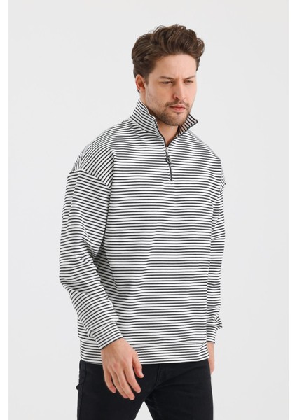 Çizgili Dik Yaka Fermuarlı Comfort Kalıp Sweatshırt (UNI00247)