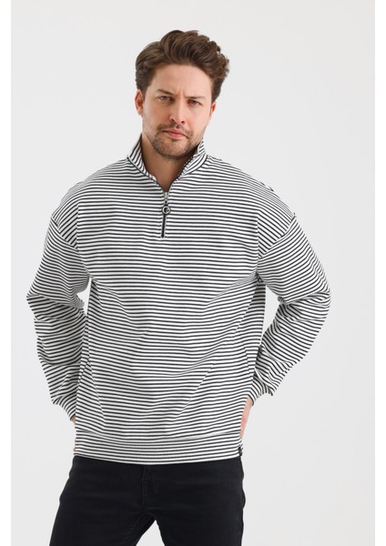 Çizgili Dik Yaka Fermuarlı Comfort Kalıp Sweatshırt (UNI00247)