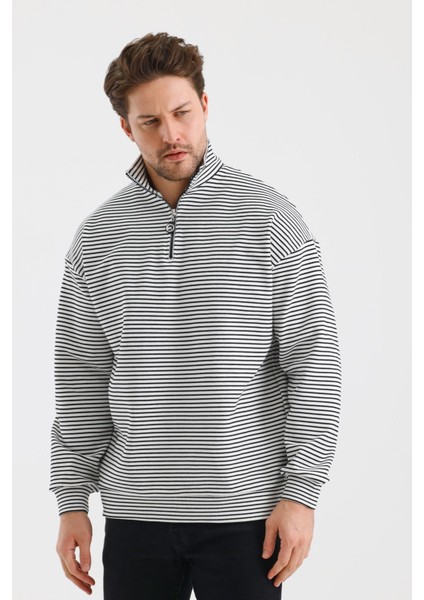 Çizgili Dik Yaka Fermuarlı Comfort Kalıp Sweatshırt (UNI00247)