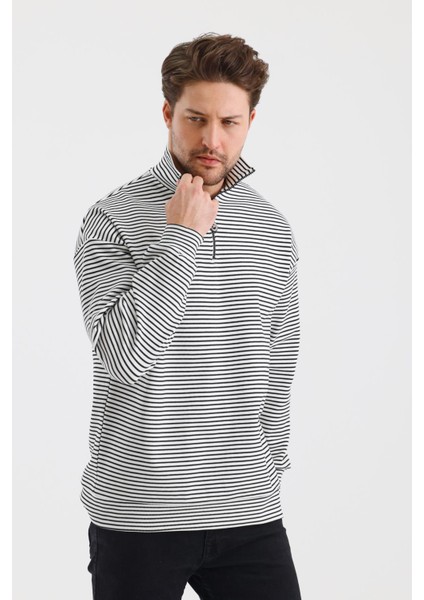 Çizgili Dik Yaka Fermuarlı Comfort Kalıp Sweatshırt (UNI00247)