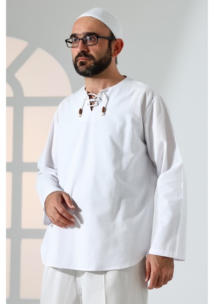Erkek Sıfır Yaka Bağcıklı Uzun Kollu Keten Gömlek Beyaz modelleri